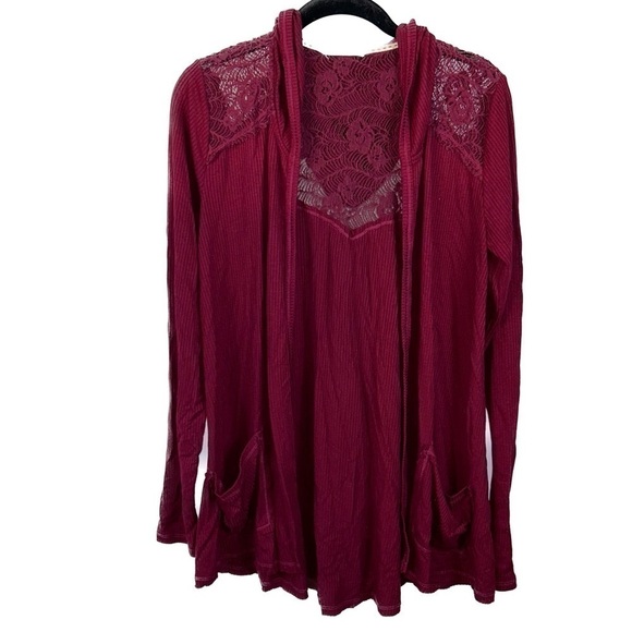 Maurices Cardigan Hooded Long Ribbed Sleeves Lace Shoulder Details Open Front - Picture 1 of 11
